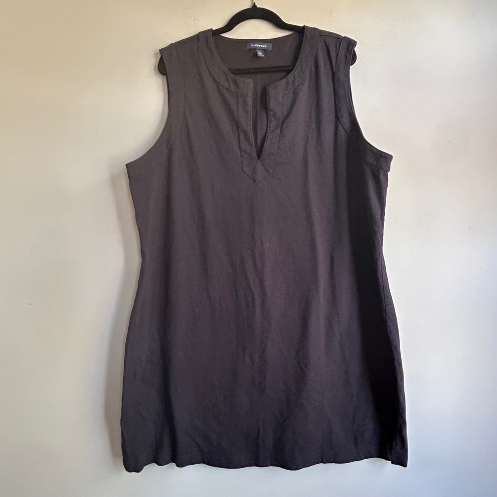 Lands End Womens XL 18-20 Black Cotton Sleeveless Split Neck Shift Dress